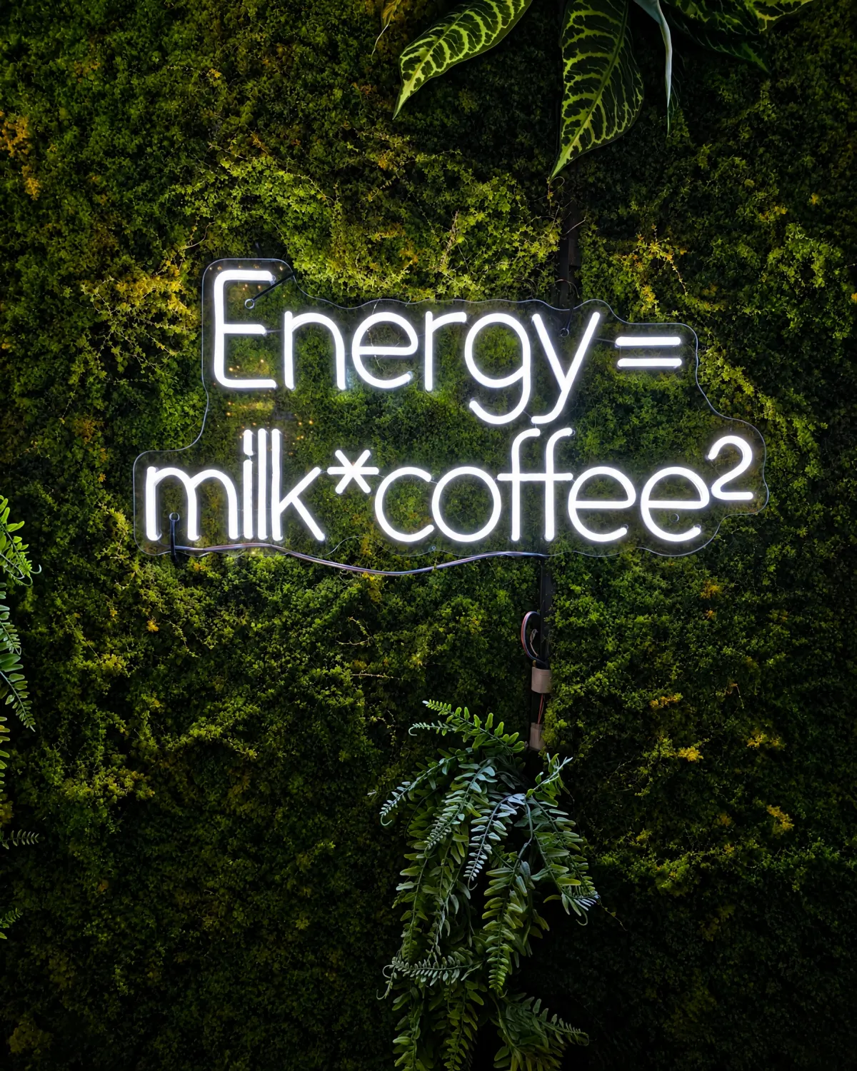 Неоновая надпись «Energy = milk · coffee²» на зелёной фитостене