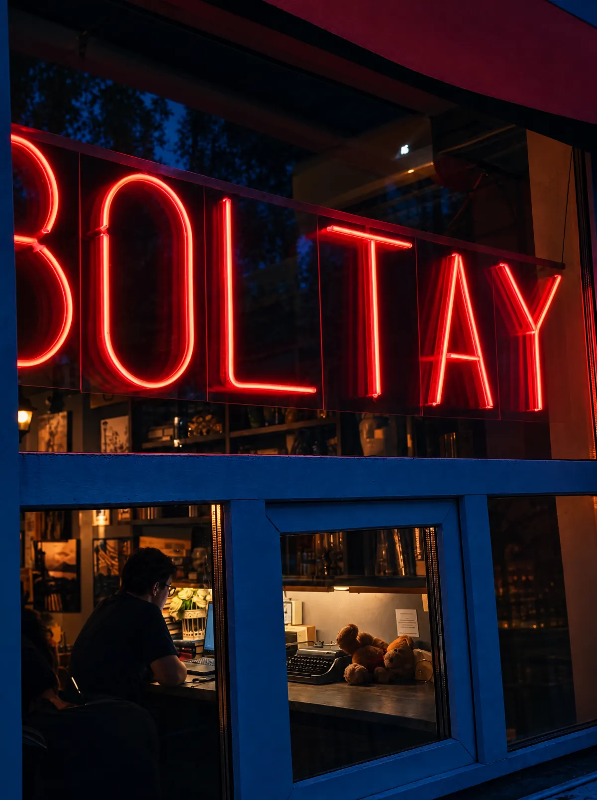 Неоновая вывеска «BOLTAY» на витрине вечером